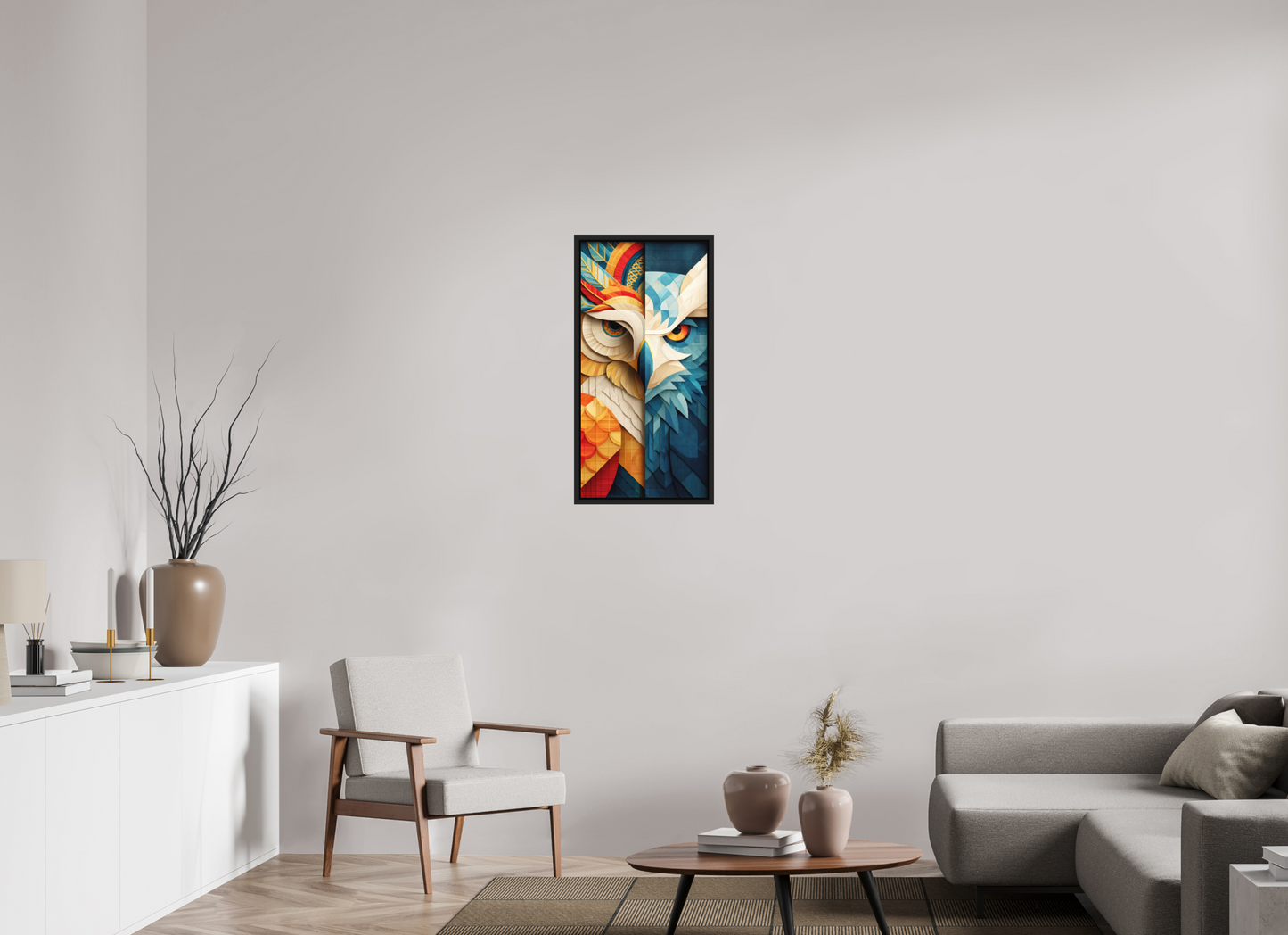 16 x 32.4″, Photo Print on Aluminum Backing with boarder Abstract Warm & Cold Owl