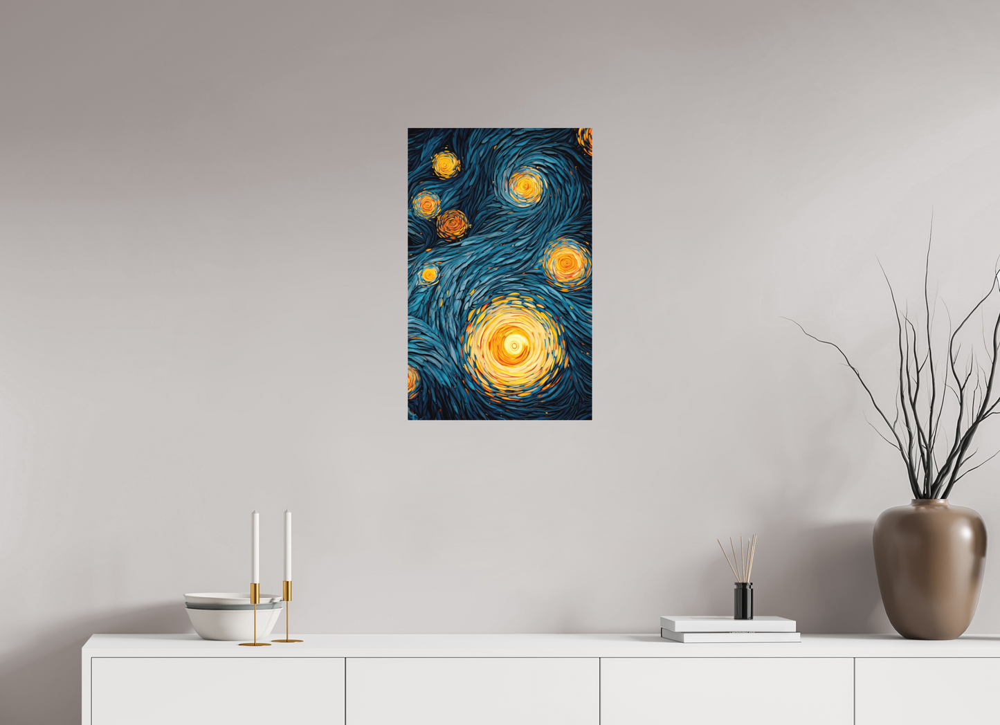 16 x 25.4″, Photo Print on Aluminum Backing Abstract Blue & Yellow Swirls 2