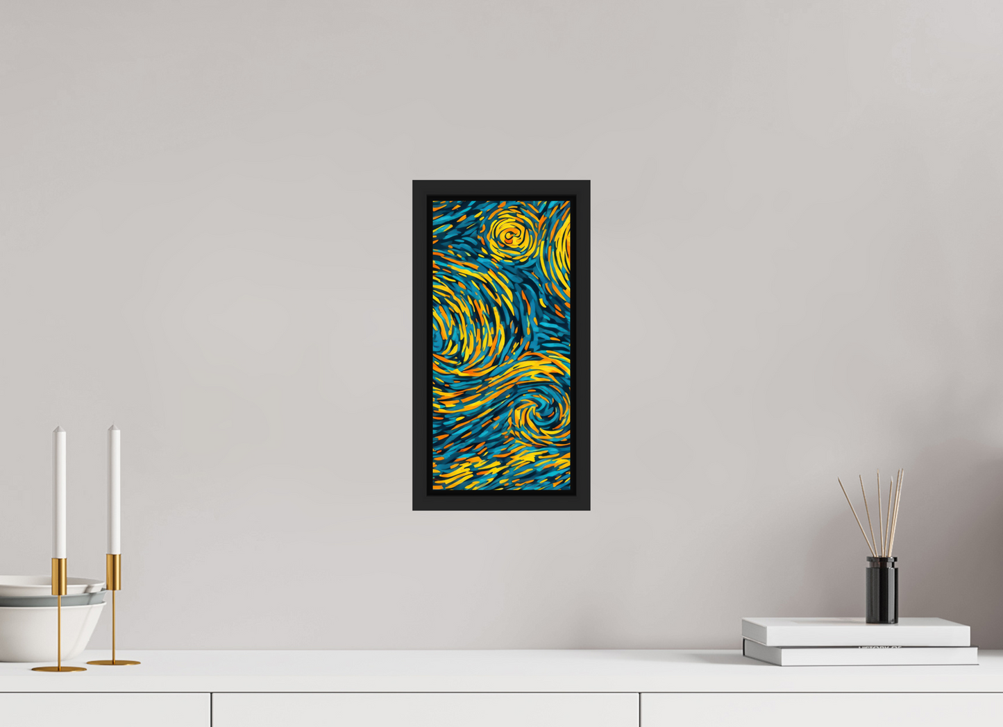 6 x 12.6″, Fine Art Print on Aluminum Dibond with Boarder Abstract Blue & Yellow Swirls