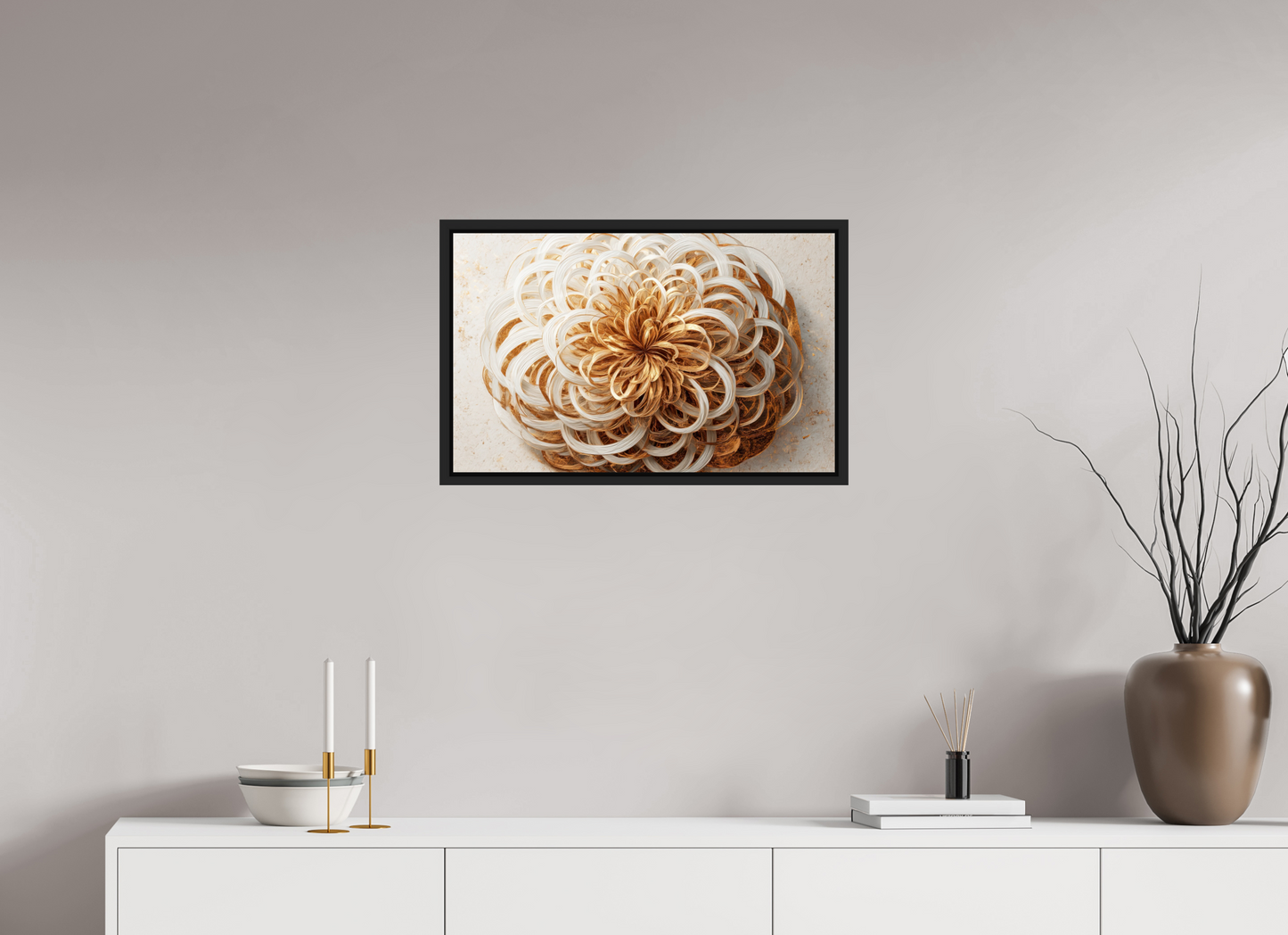 25.6 x 16″, Fine Art Print on Aluminum Dibond with Boarder Abstract Gold Flower