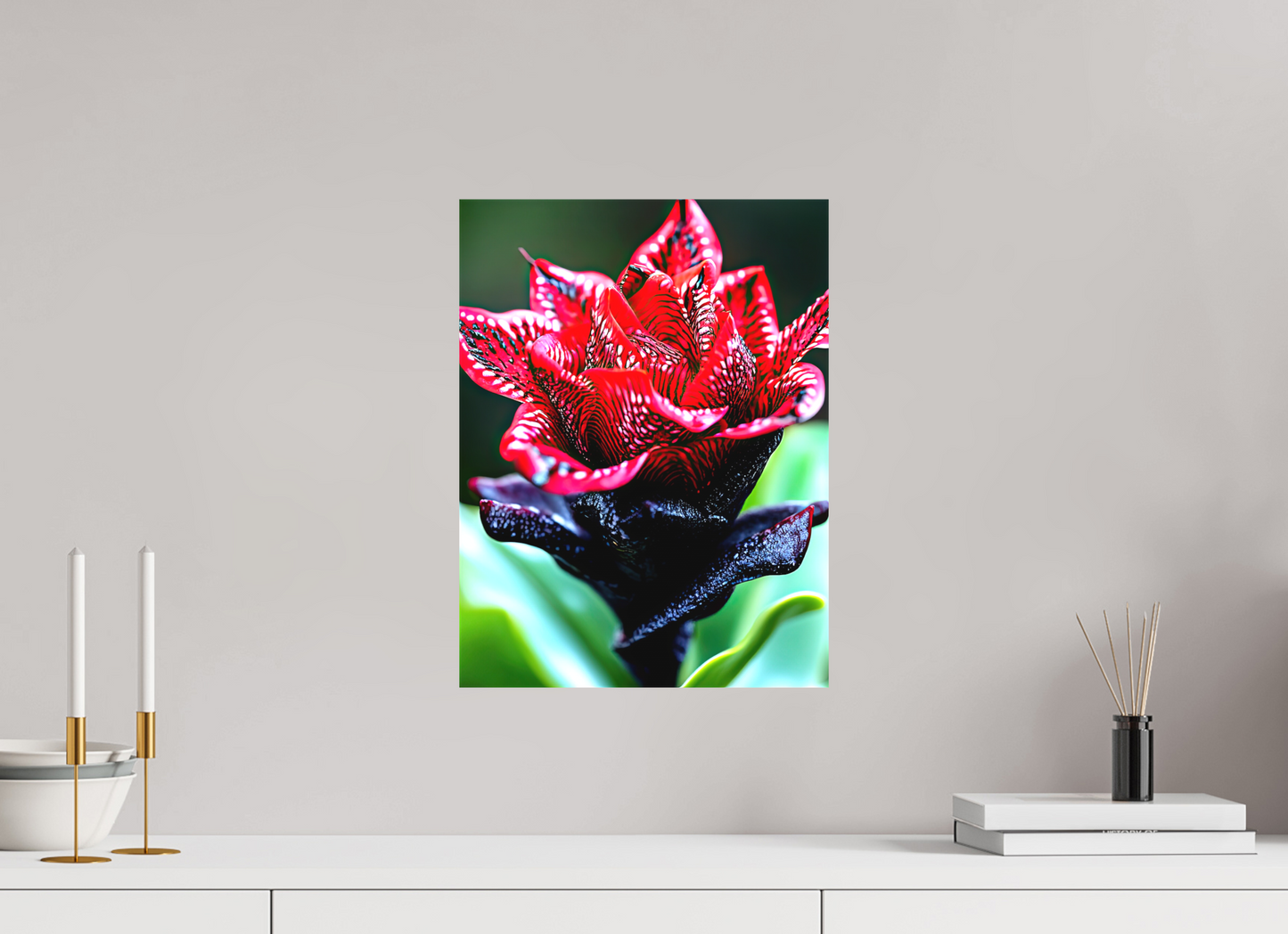 12 x 16″, Textile on Canvas Red Zebra Flower