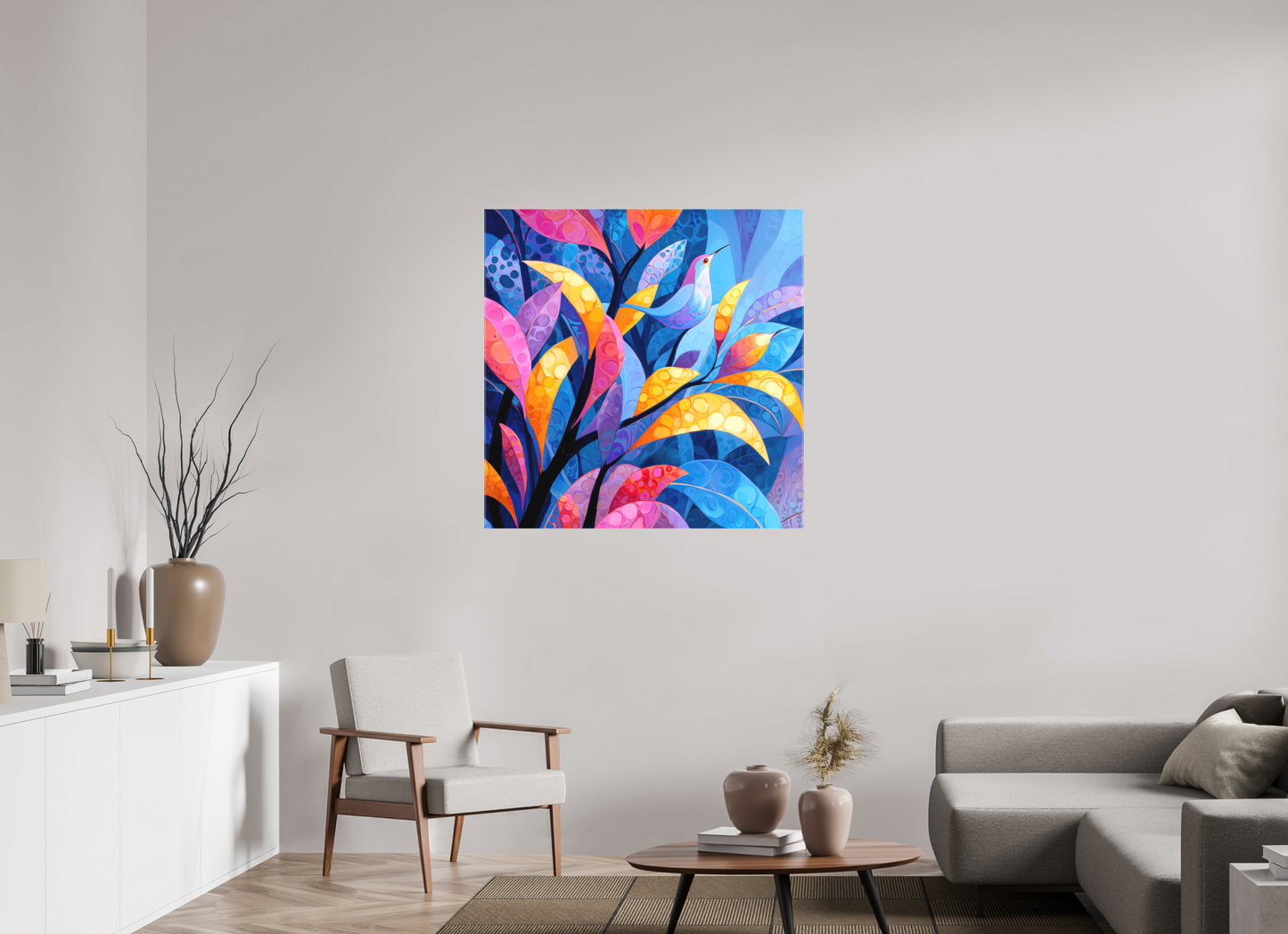 40 x 40″, Textile on Canvas Tropical Bird
