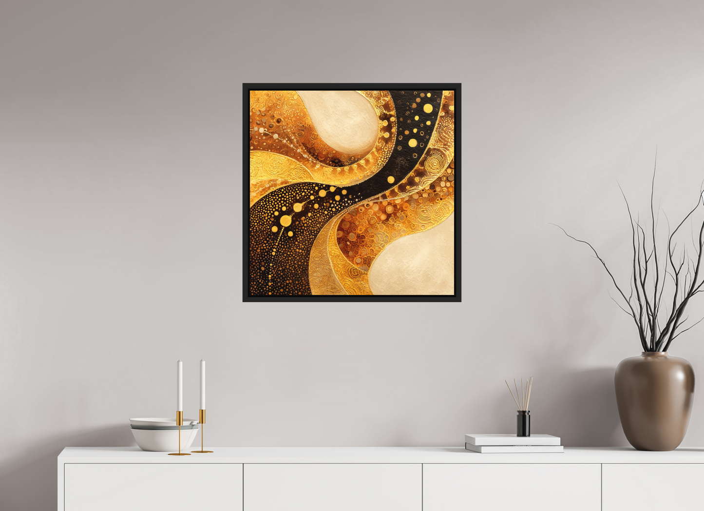 25 x 25″, Photo Print on Aluminum Backing with boarder Gold Texture Swirl