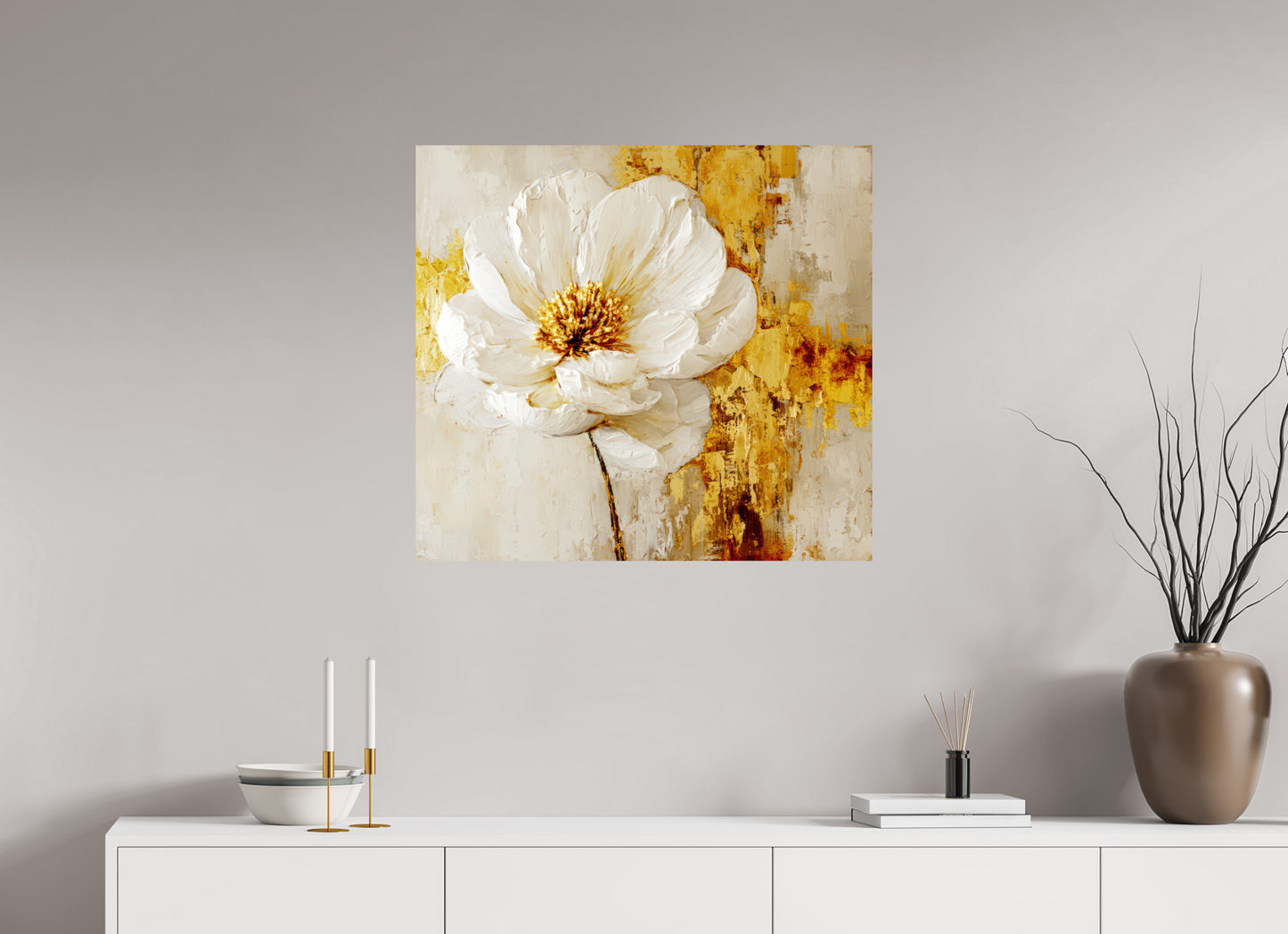 30.7 x 28″, Fine Art Print On Aluminum Dibond White and Gold Flower 3