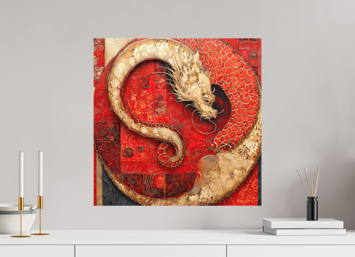 20 x 20″, Textile on Canvas Chinese Dragon