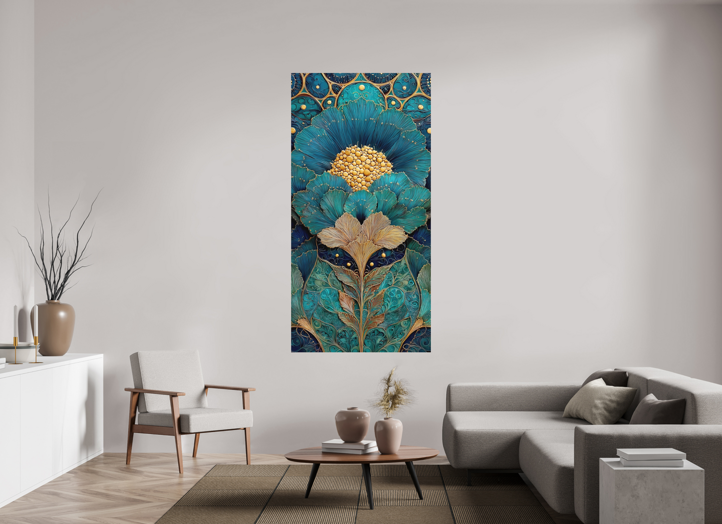 39 x 78″, Photo Print on Aluminum Backing Art Deco Teal Flower 1