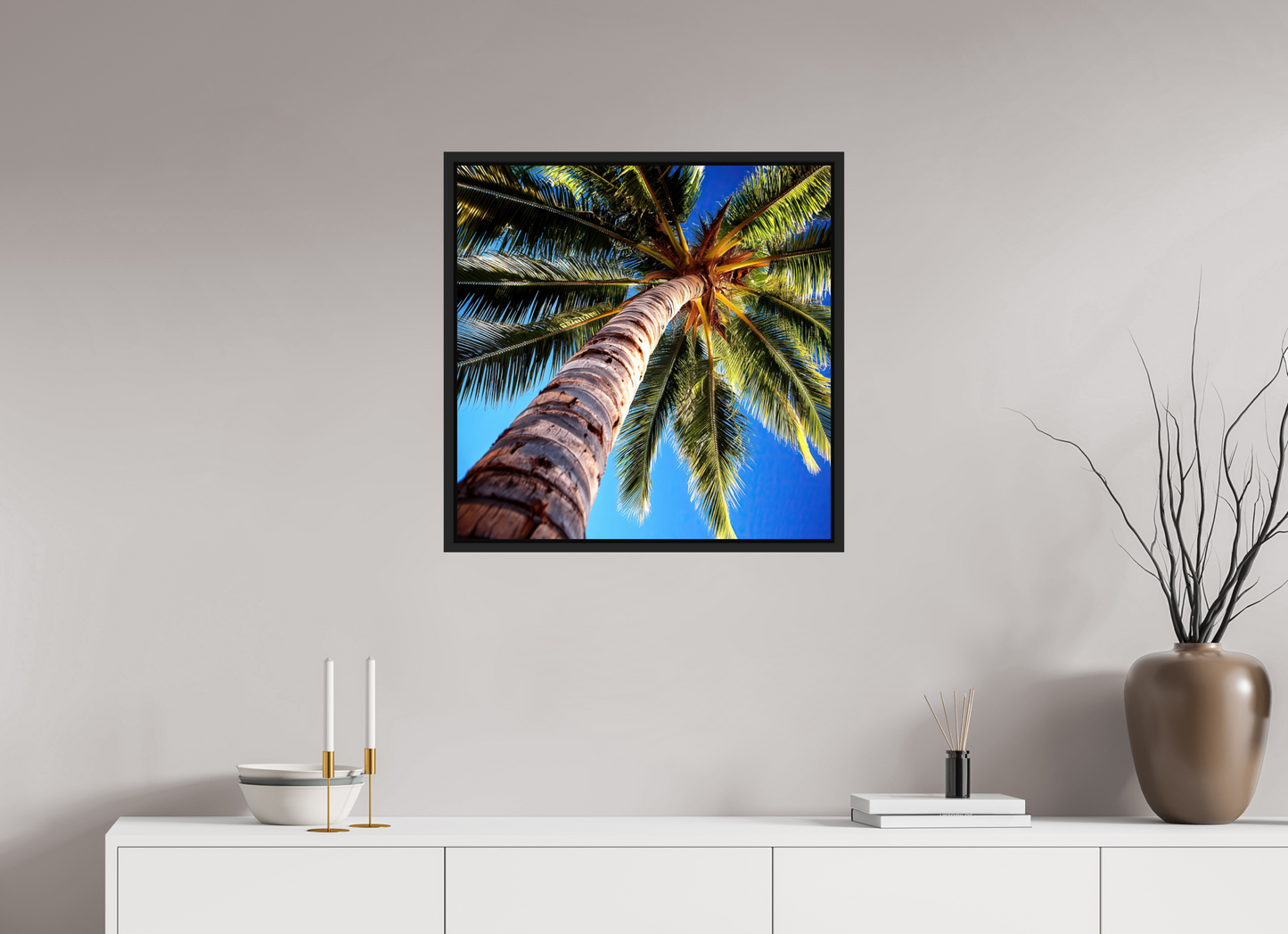 25 x 25″, Fine Art Print on Aluminum Dibond with Boarder Palm Tree