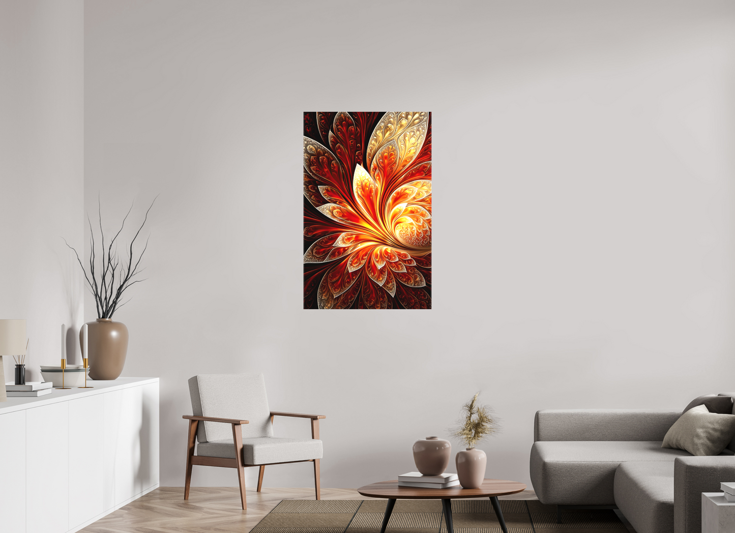 28 x 43.4″, Textile on Canvas Abstract Fire Flower