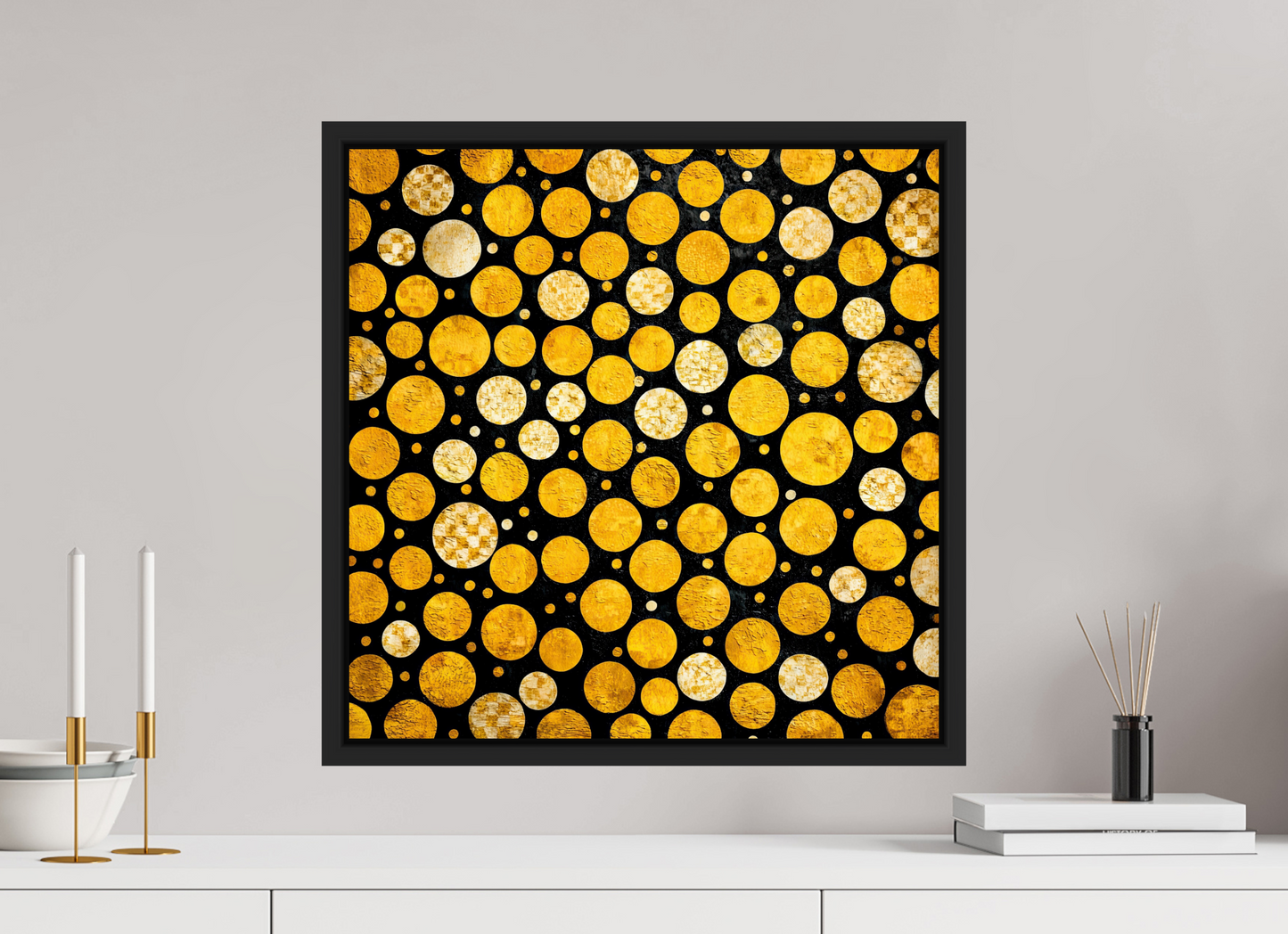 20 x 20″, Fine Art Print on Aluminum Dibond with Boarder Gold Dots