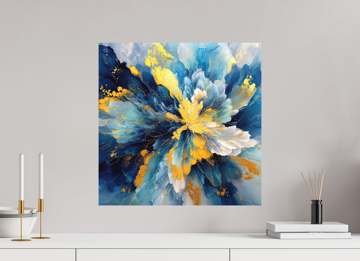20 x 20″, Photo Print on Aluminum Backing Abstract Blue & Gold Flower