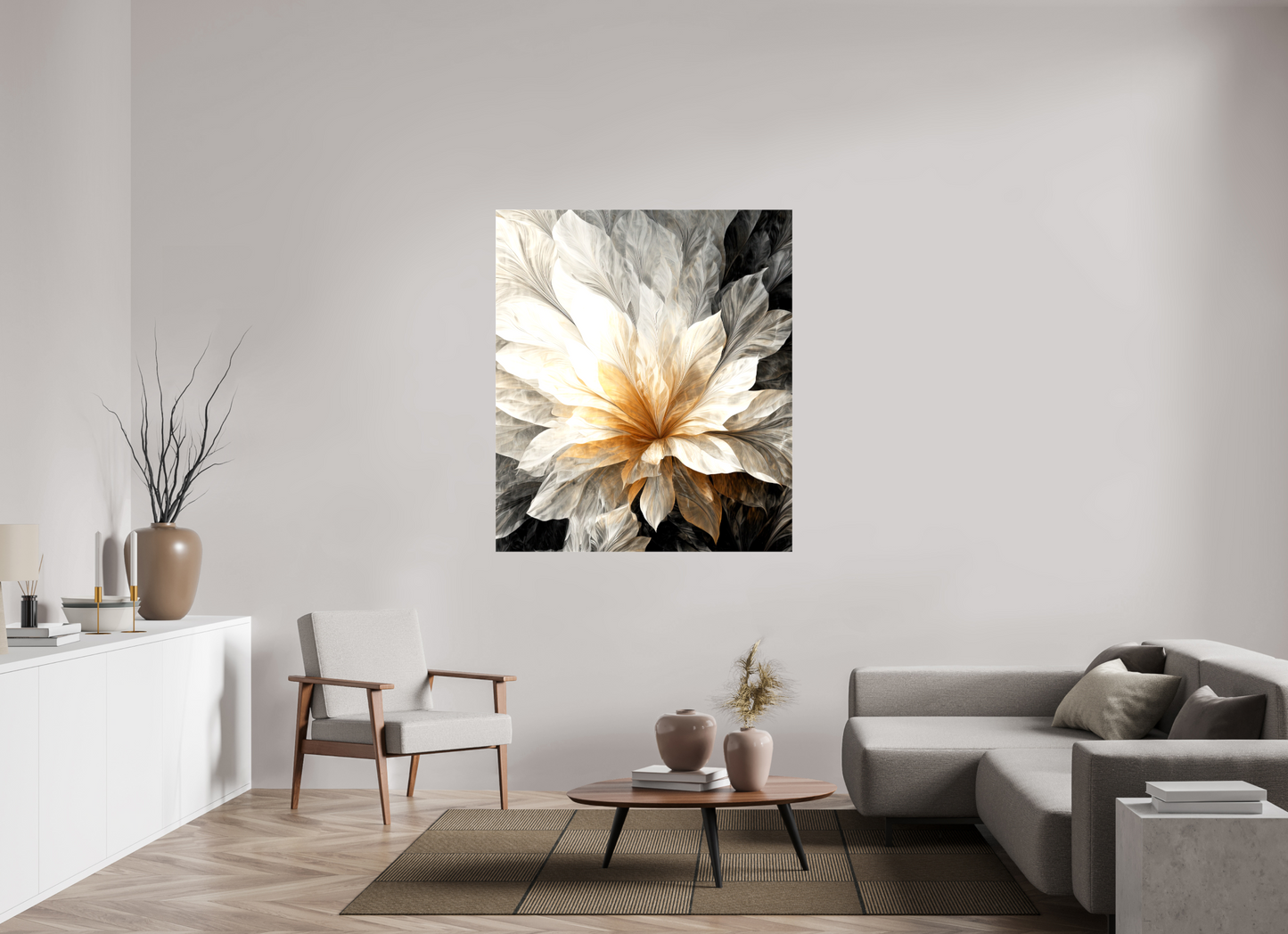 47 x 54.3″, Glossy Canvas White & Gold Flower 1