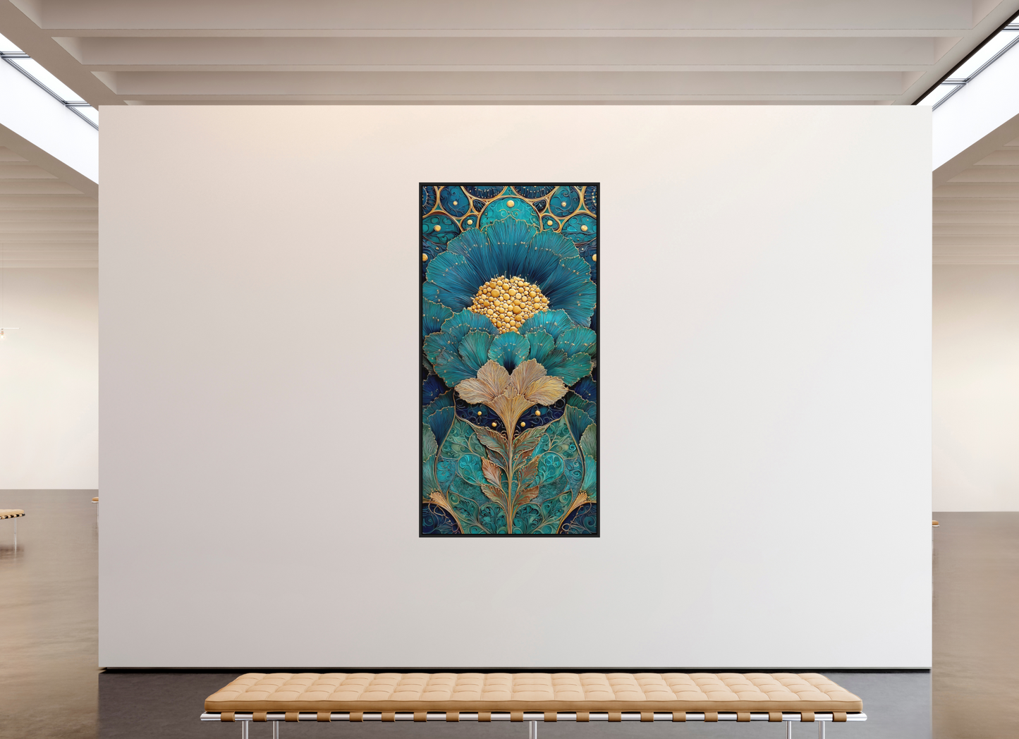 43 x 86″, Photo Print on Aluminum Backing with boarder Art Deco Teal Flower 1