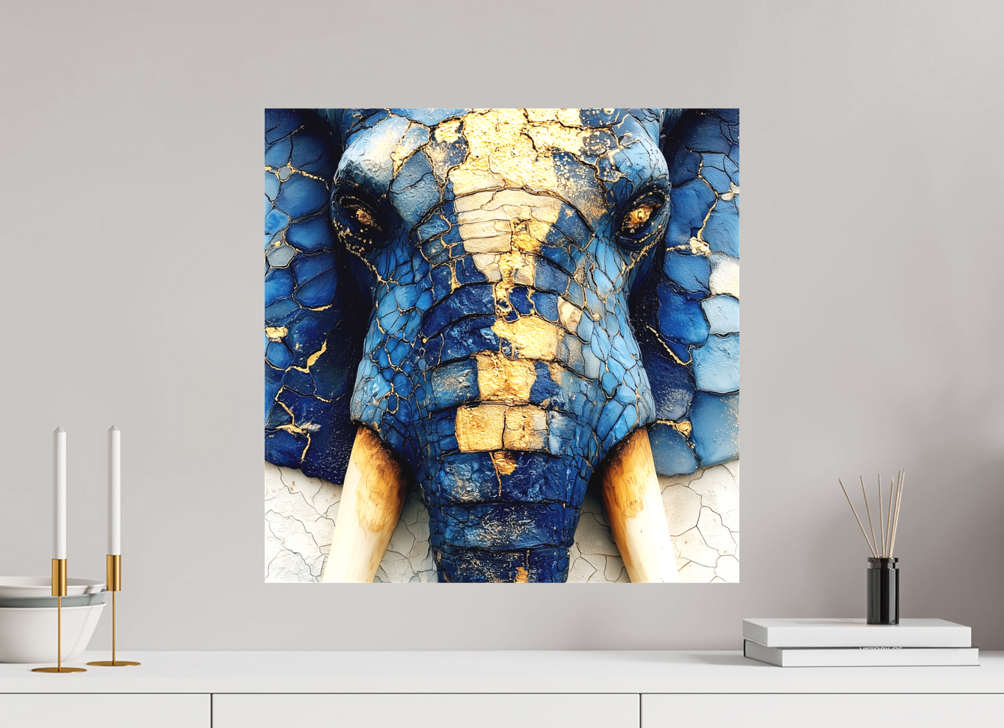 20 x 20″, Textile on Canvas Elephant