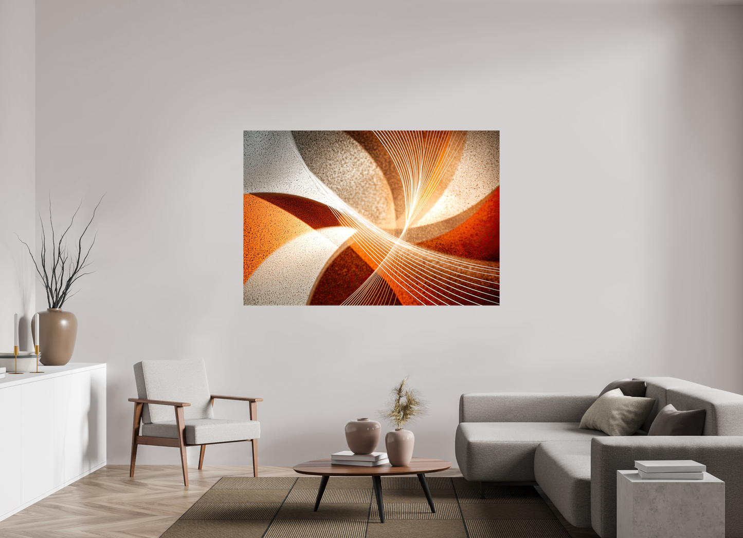 68.8 x 47″, Glossy Canvas Orange & White Swirl