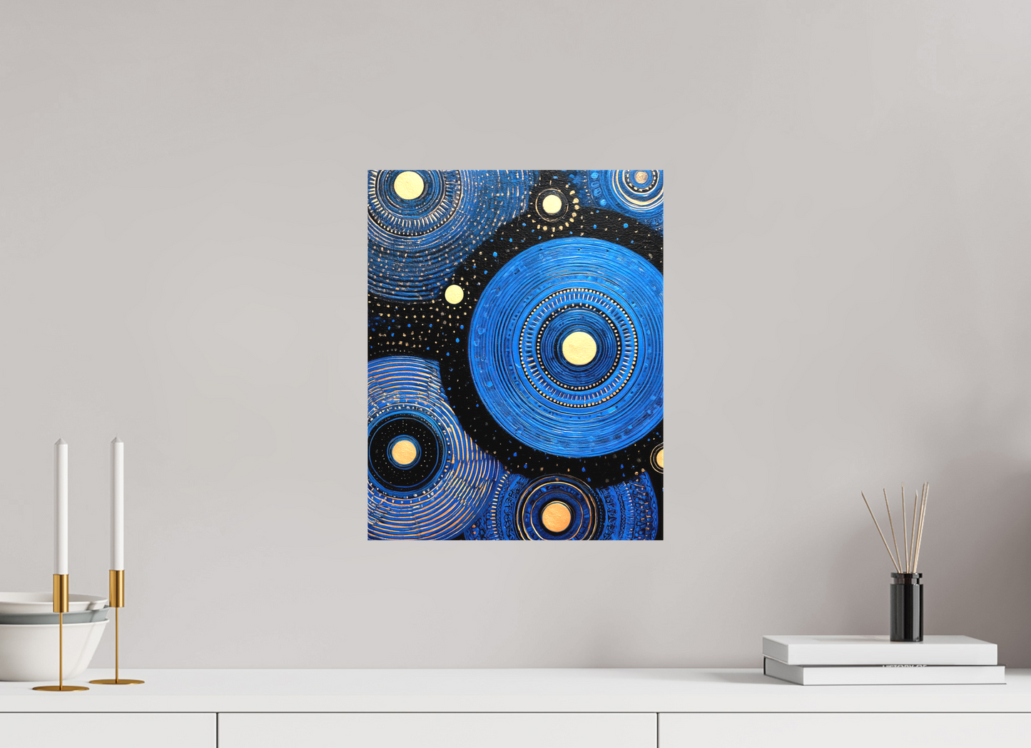 12 x 15.1″, Textile on Canvas Blue Circles
