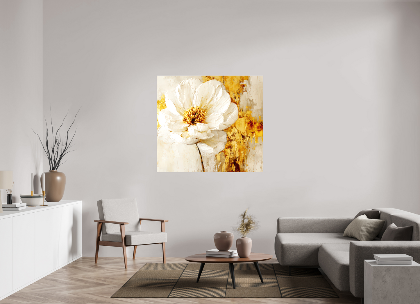 51.7 x 47″, Glossy Canvas White and Gold Flower 3