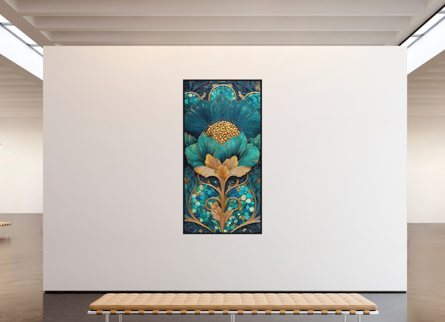 43 x 86″, Photo Print on Aluminum Backing with boarder Art Deco Teal Flower 2