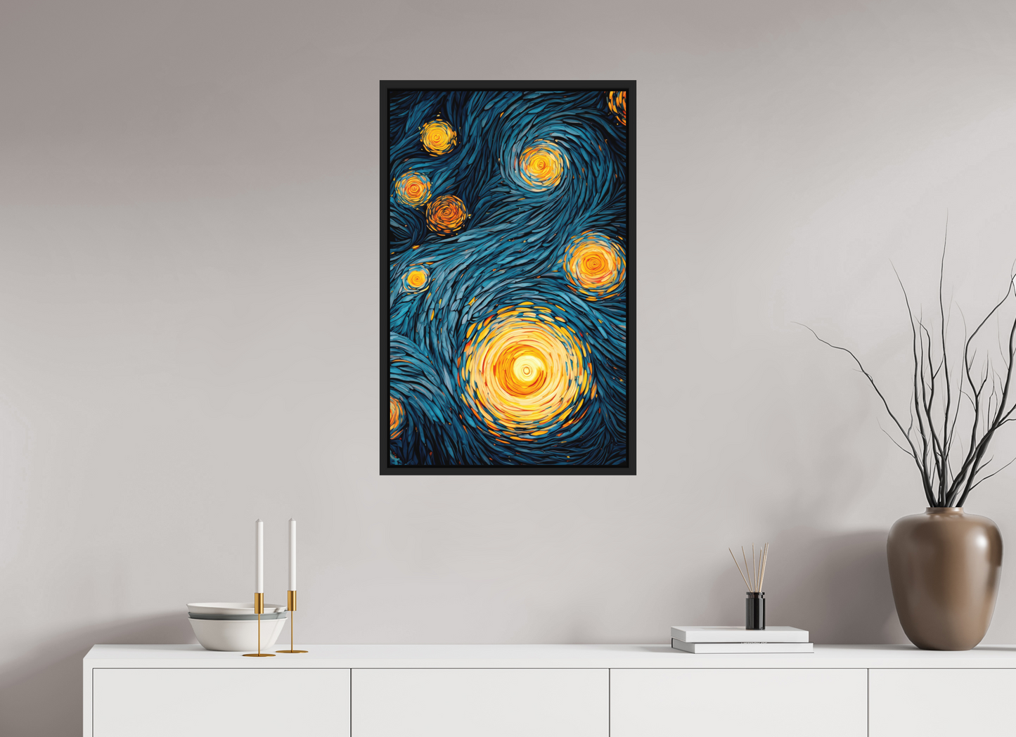 20 x 31.7″, Photo Print on Aluminum Backing with boarder Abstract Blue & Yellow Swirls 2