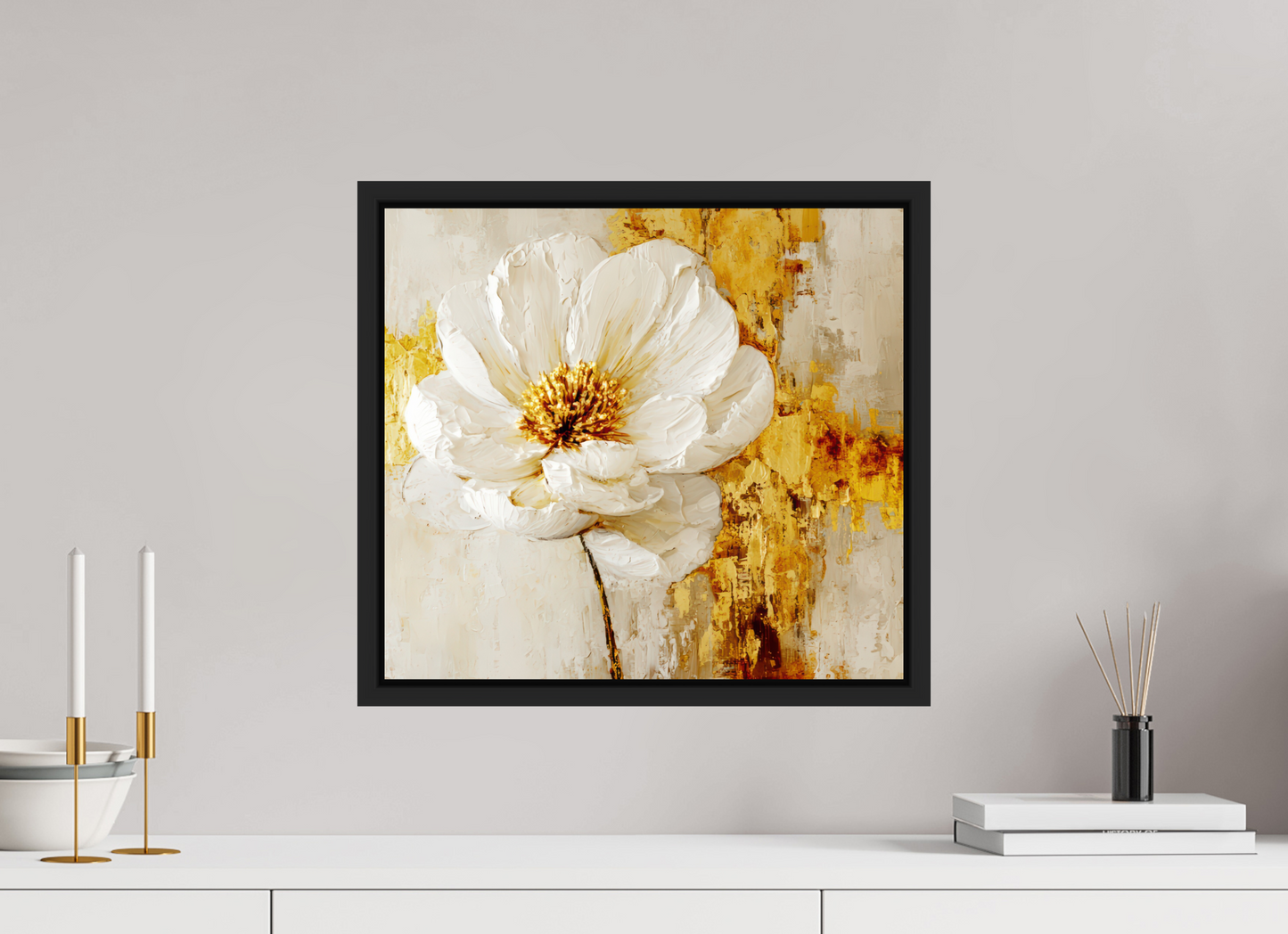 17.6 x 16″, Fine Art Print on Aluminum Dibond with Boarder White and Gold Flower 3