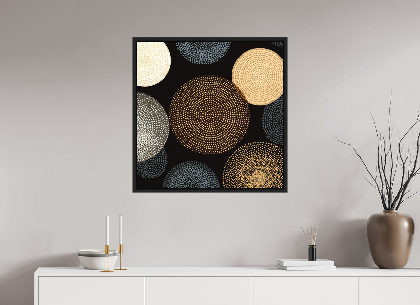 30 x 30″, Photo Print on Aluminum Backing with boarder Dot Circles