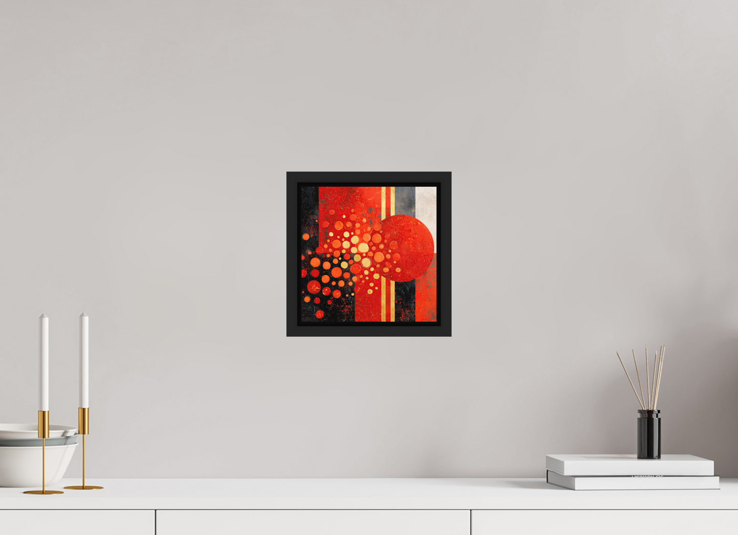 8 x 8″, Photo Print on Aluminum Backing with boarder Abstract Red Dots