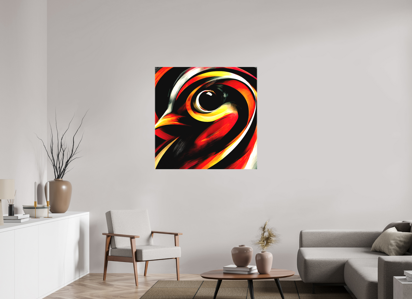 40 x 40″, Textile on Canvas Abstract Bird