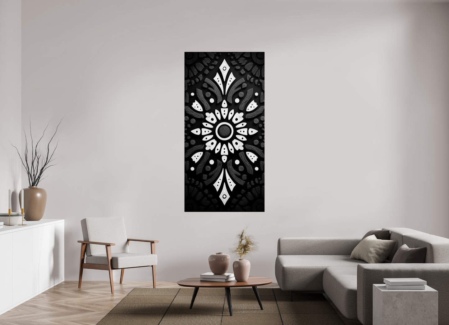 36 x 72″, Fine Art Print On Aluminum Dibond Black & White Tribal 1