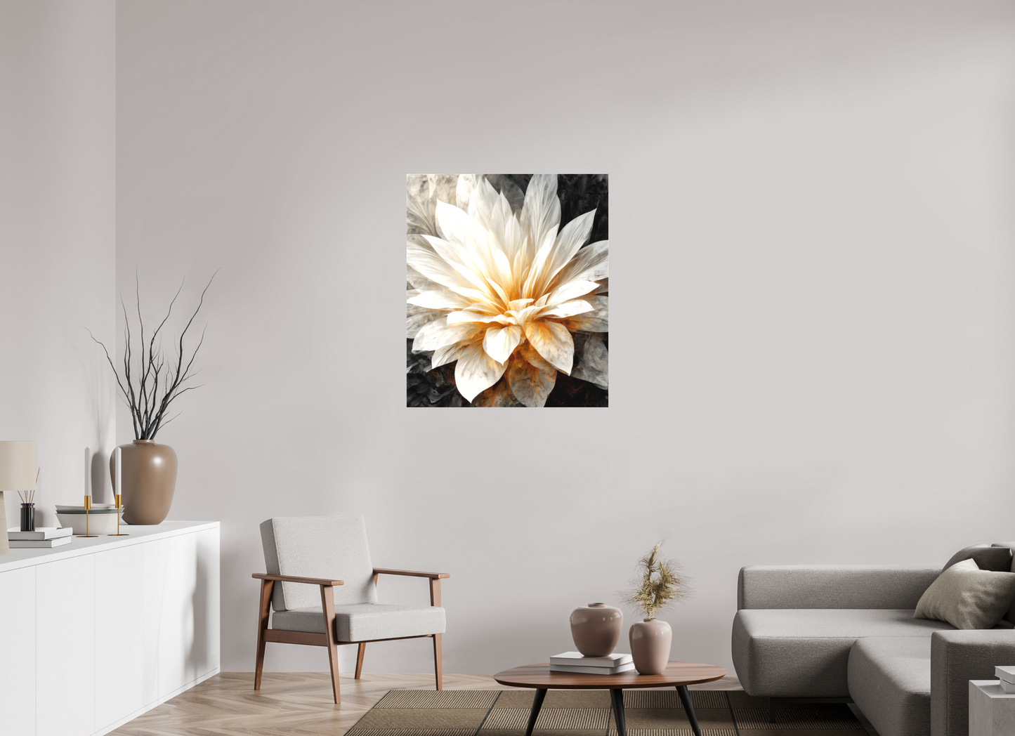 32 x 37.1″, Textile on Canvas White & Gold Flower 2