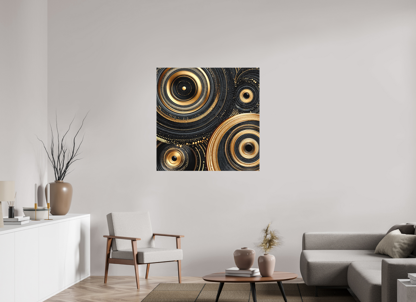 40 x 40″, Textile on Canvas Gold & Black Circles