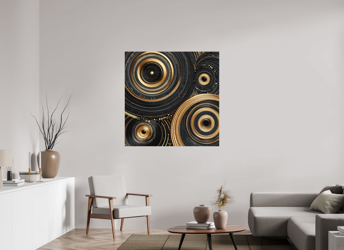 45 x 45″, Photo Print on Aluminum Backing Gold & Black Circles