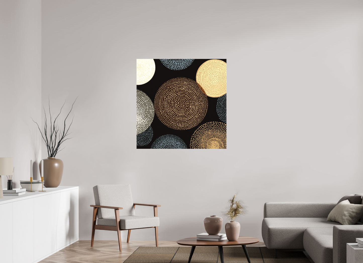40 x 40″, Textile on Canvas Dot Circles