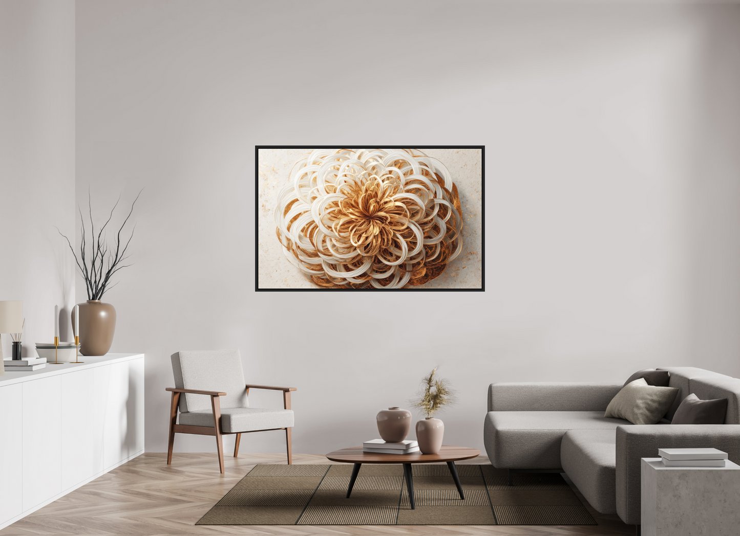 62.2 x 39″, Photo Print on Aluminum Backing with boarder Abstract Gold Flower