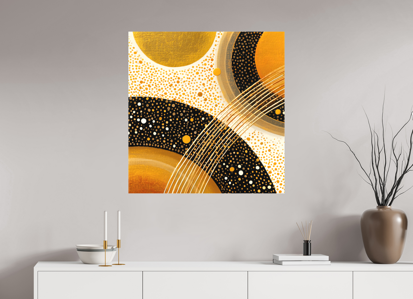32 x 33.2″, Textile on Canvas Gold Embryo