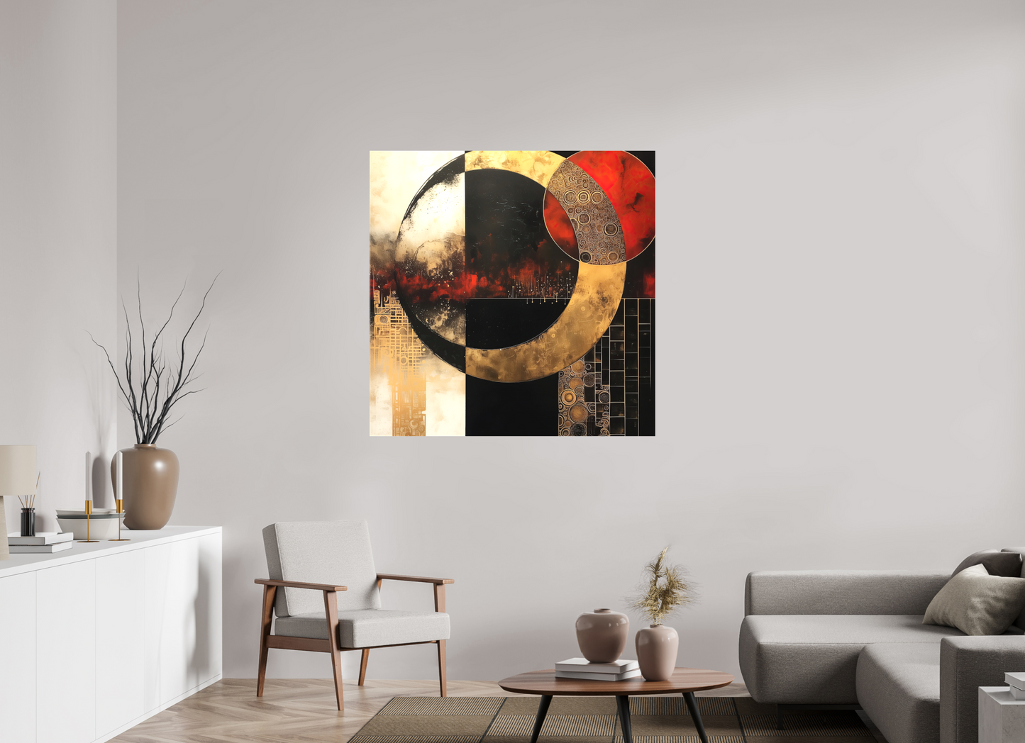 45 x 45″, Textile on Canvas Gold Blood Moon