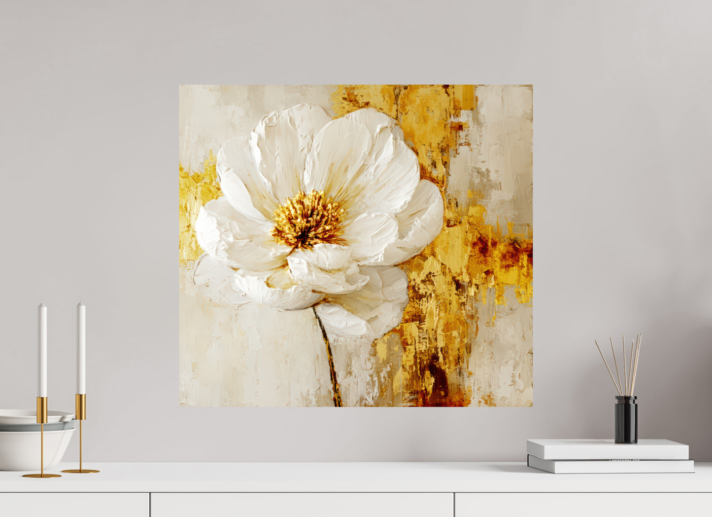 22 x 20″, Fine Art Print On Aluminum Dibond White and Gold Flower 3