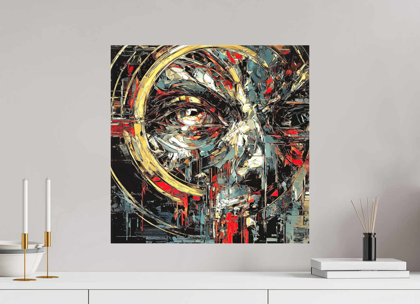 20 x 20″, Textile on Canvas Abstract Male Eye