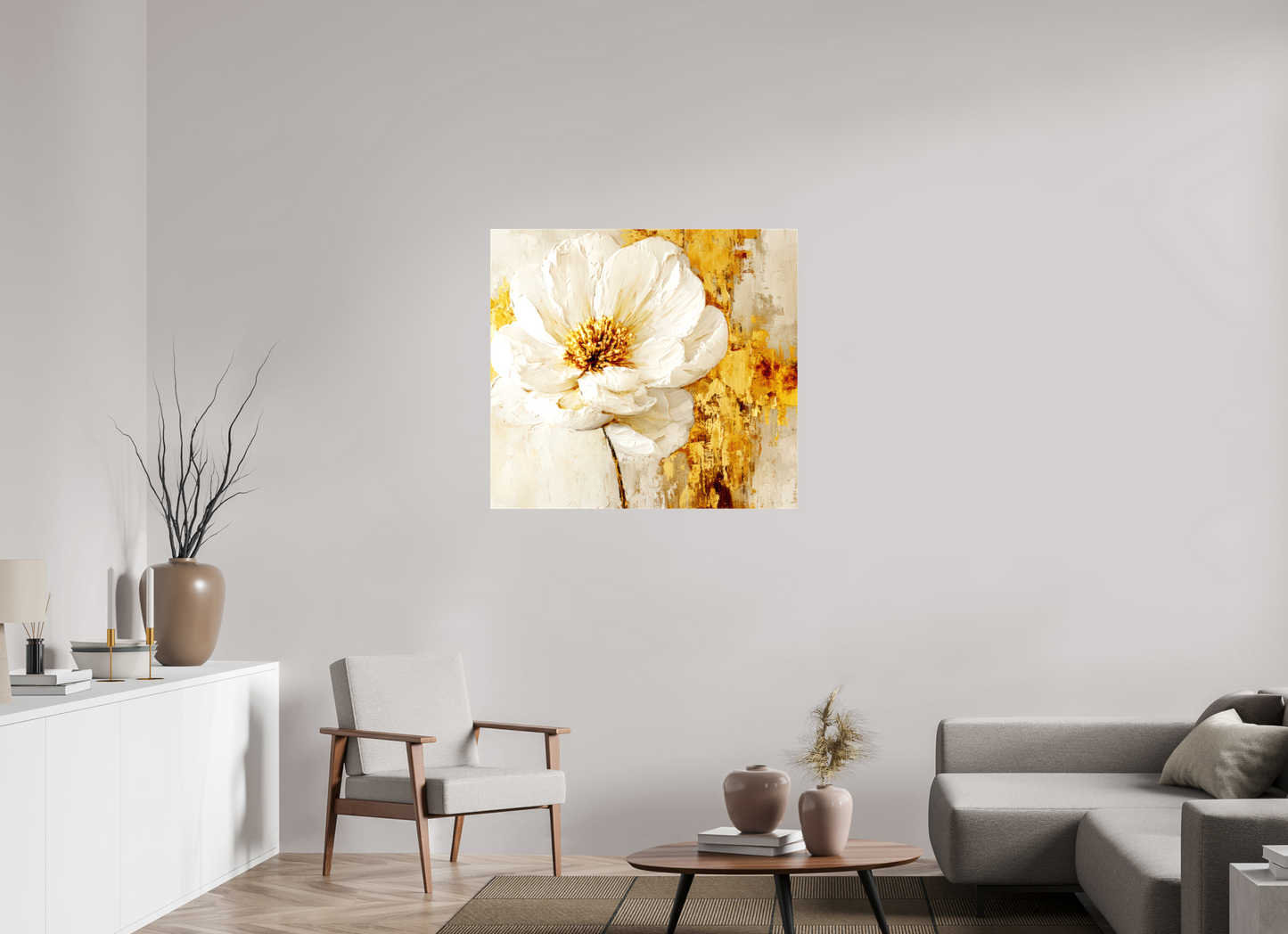 38.5 x 35″, Glossy Canvas White and Gold Flower 3