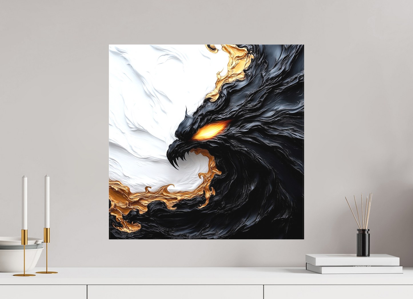 20 x 20″, Textile on Canvas Yin Yang Bird