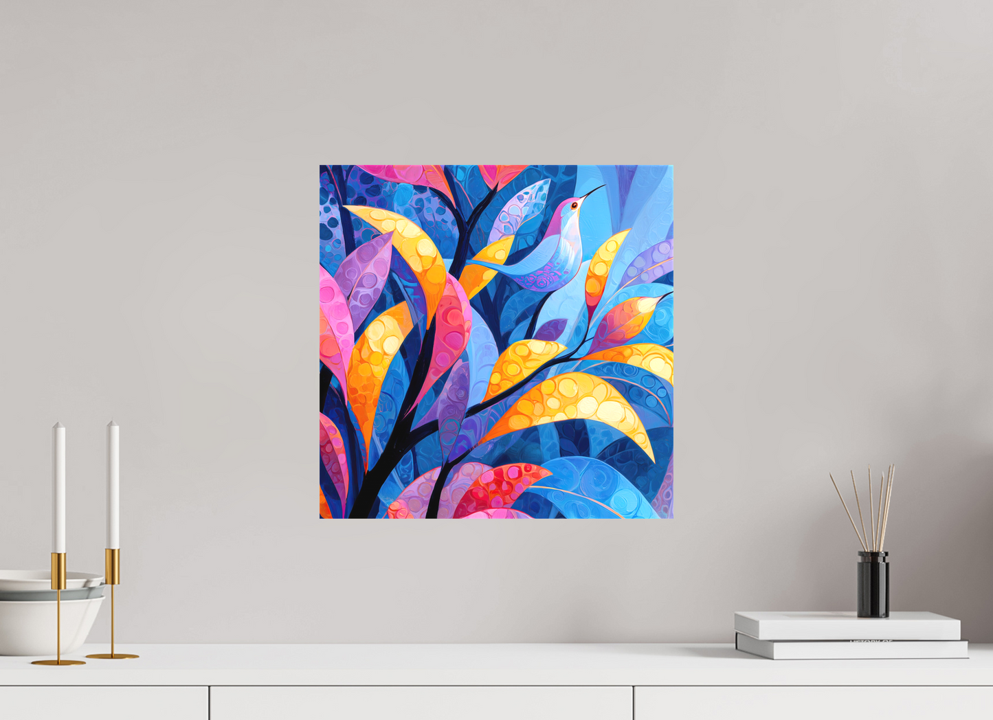 15 x 15″, Textile on Canvas Tropical Bird