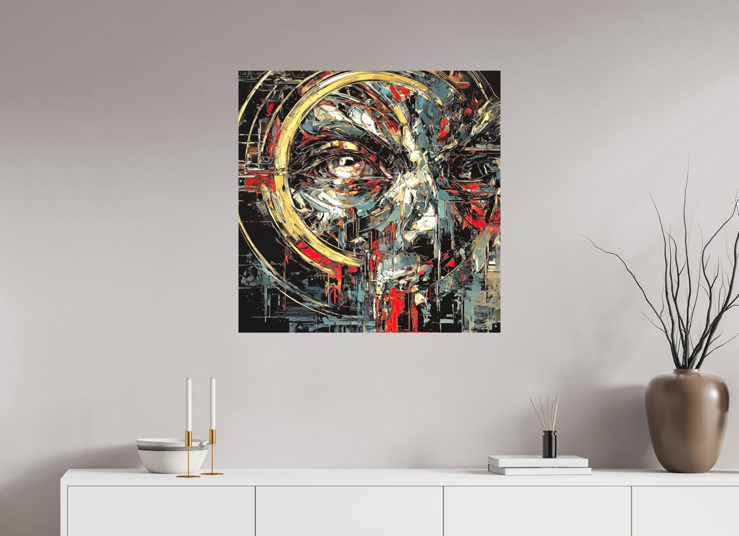 30 x 30″, Textile on Canvas Abstract Male Eye