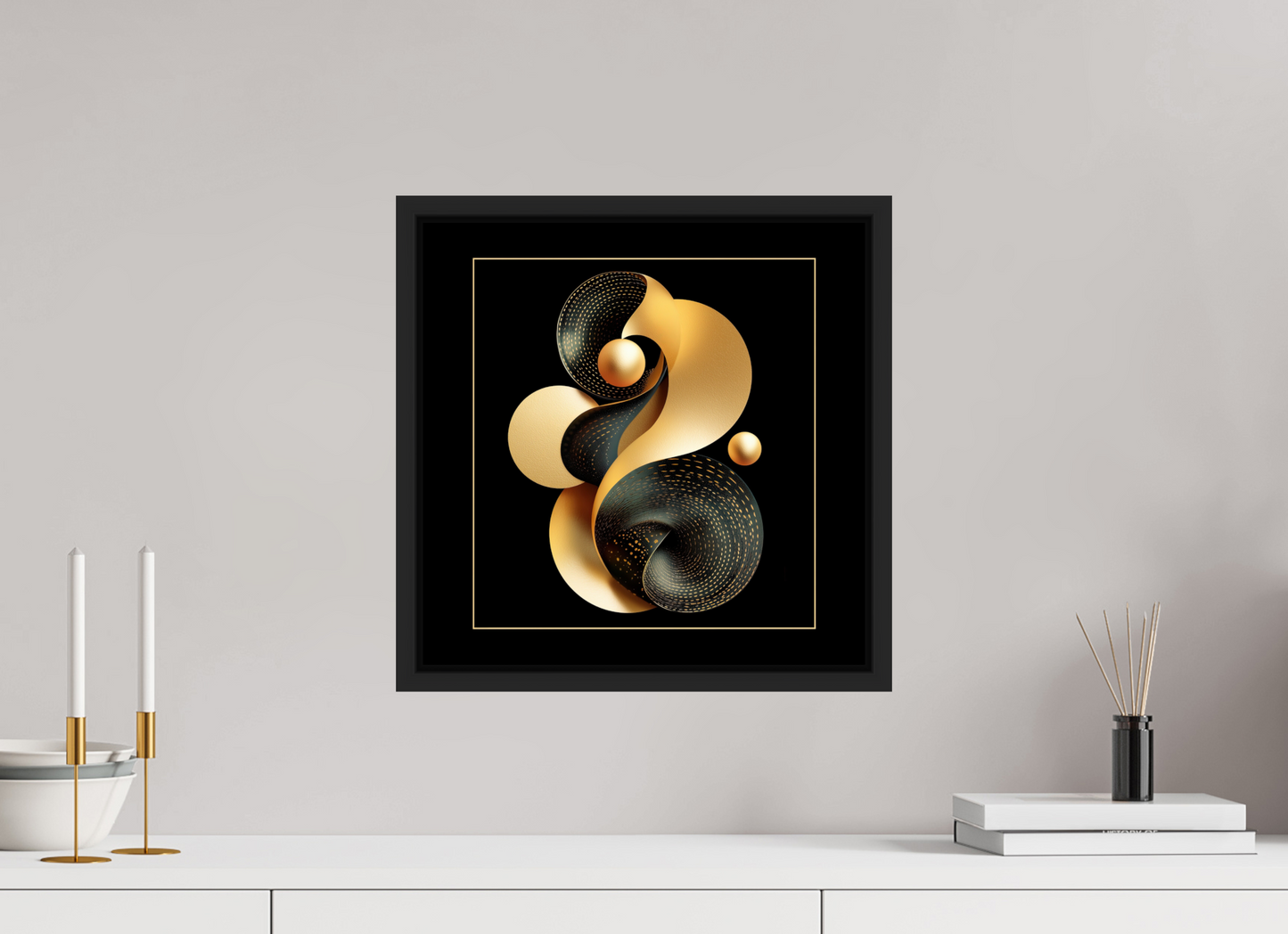 15 x 15″, Fine Art Print on Aluminum Dibond with Boarder Abstract Black & Gold