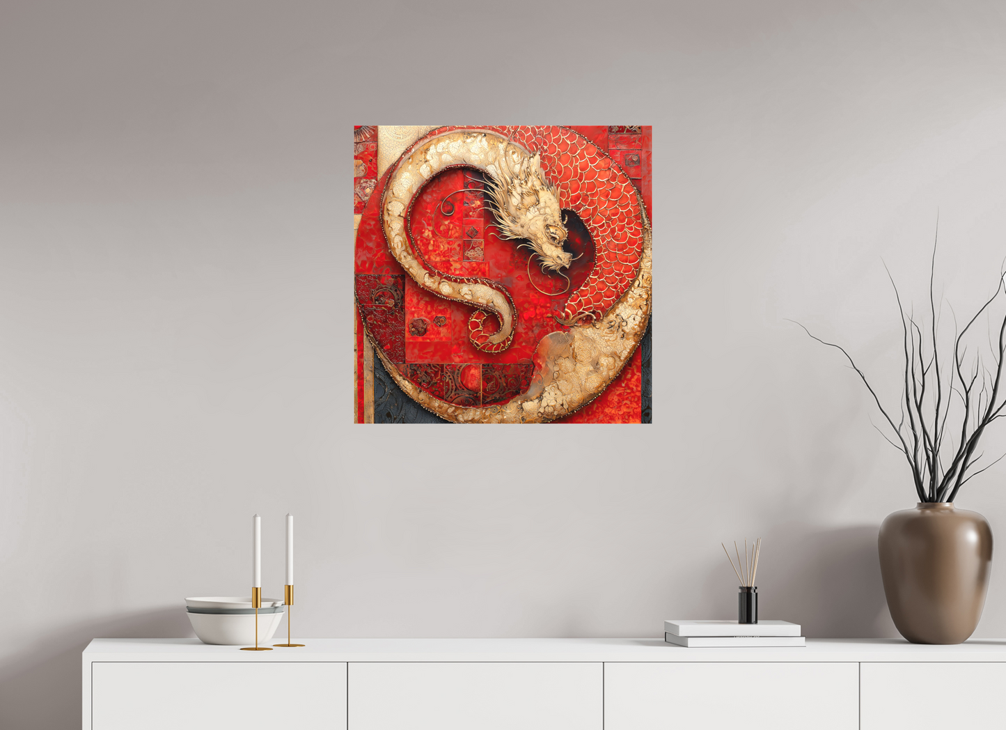 25 x 25″, Textile on Canvas Chinese Dragon