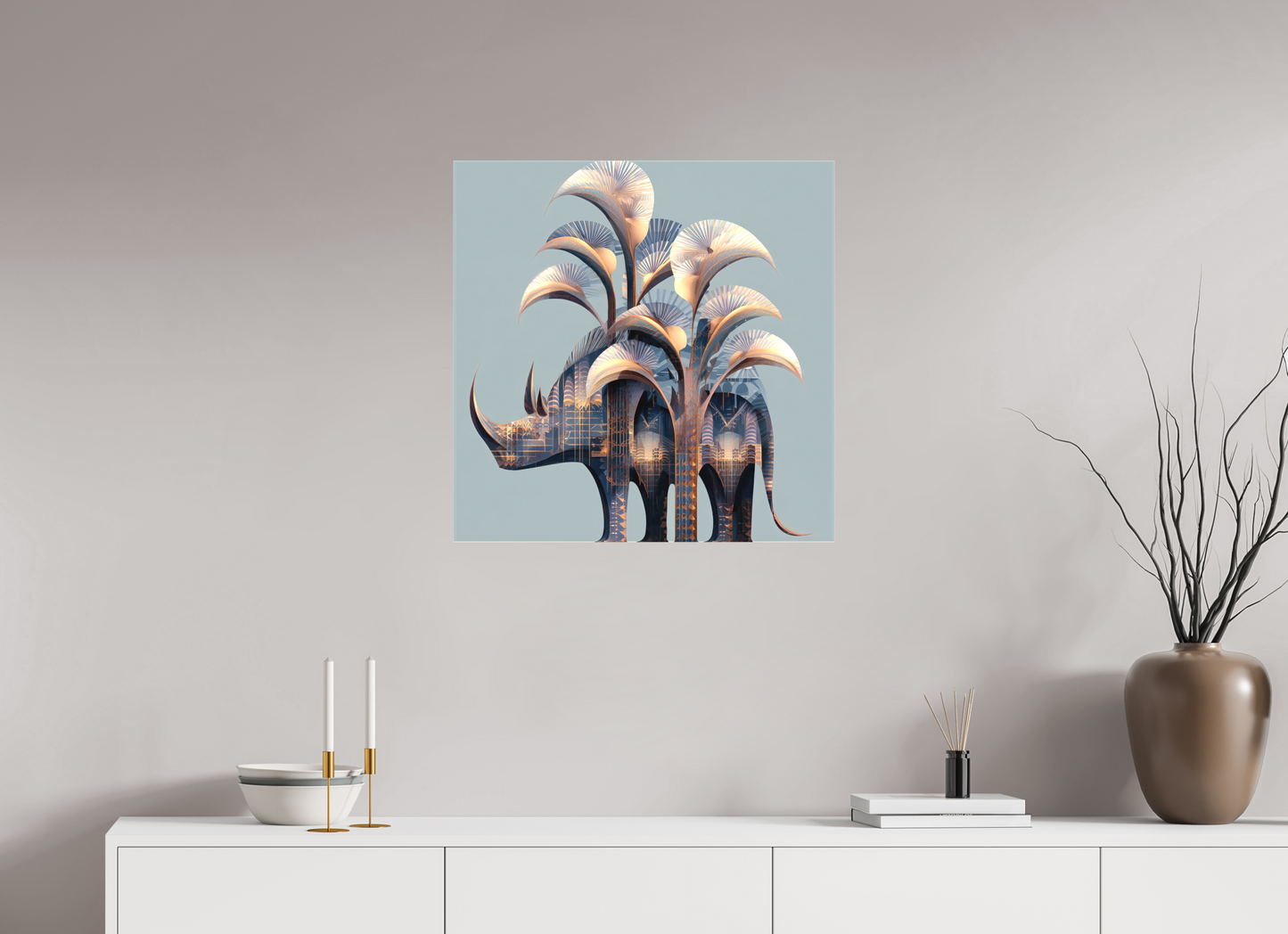 25 x 25″, Textile on Canvas Abstract Rhino