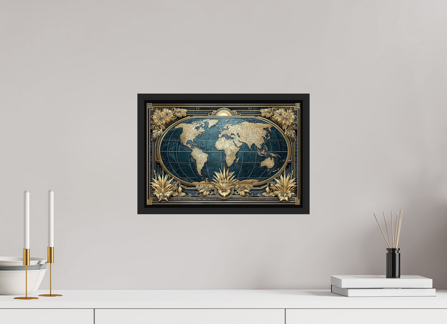 15 x 10″, Fine Art Print on Aluminum Dibond with Boarder Art Deco World Map