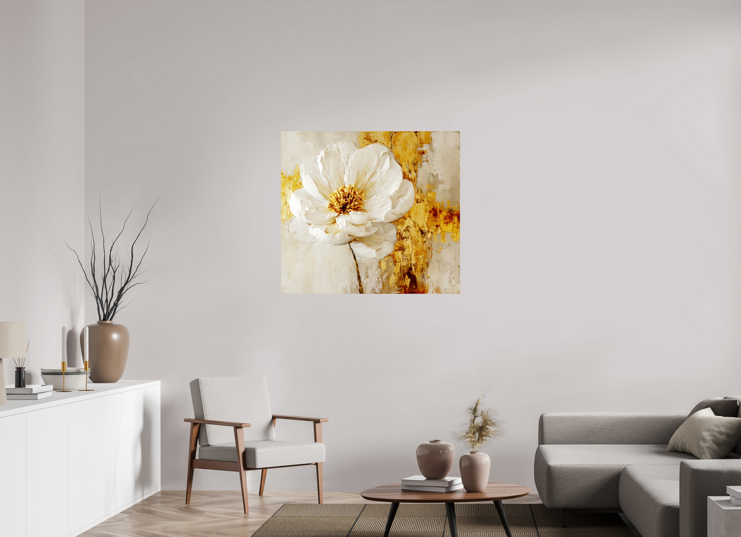 39.6 x 36″, Fine Art Print On Aluminum Dibond White and Gold Flower 3