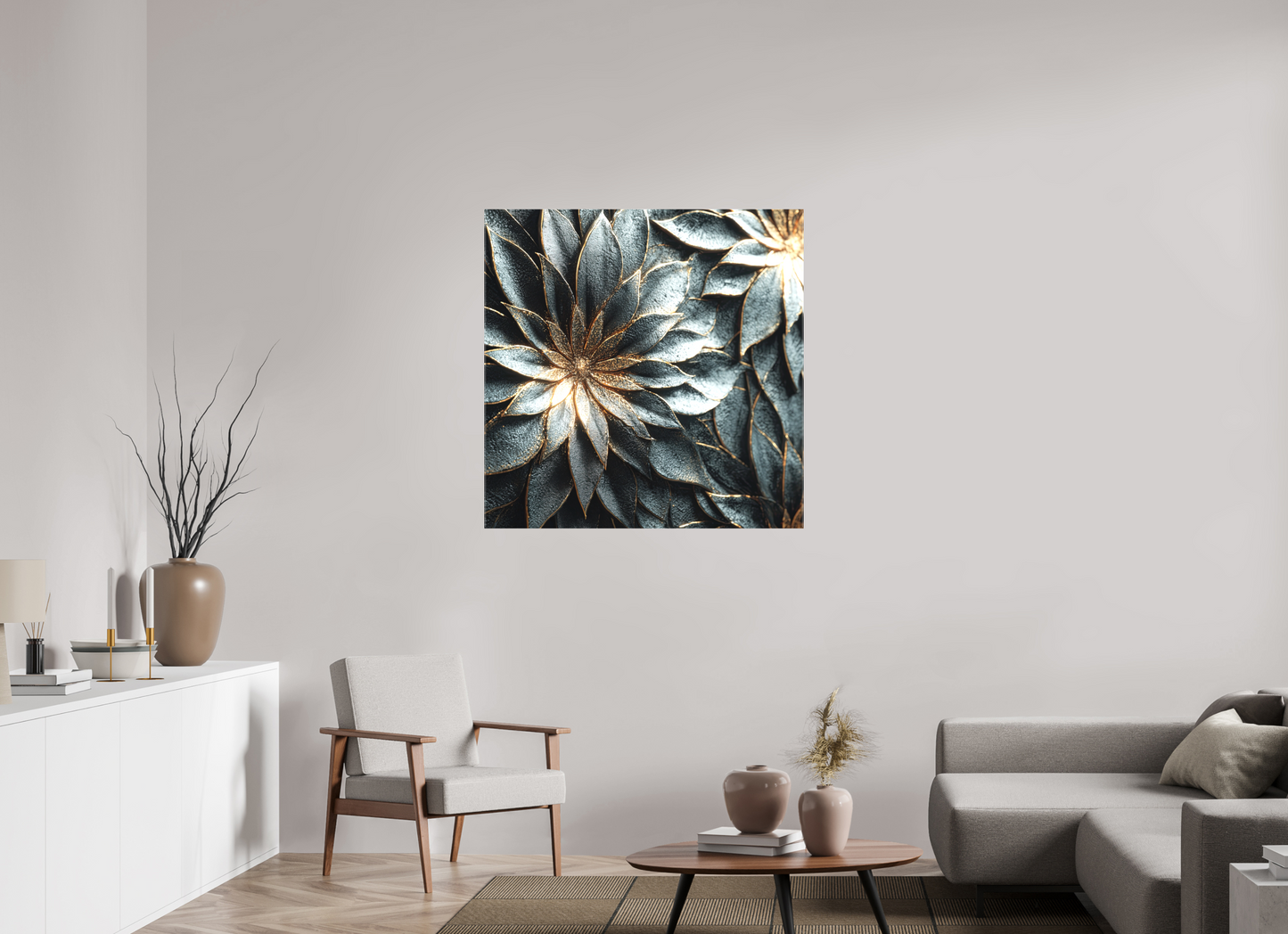 40 x 40″, Textile on Canvas Modern Flowers