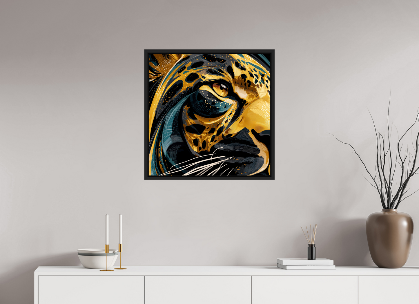 25 x 25″, Fine Art Print on Aluminum Dibond with Boarder Abstract Panther