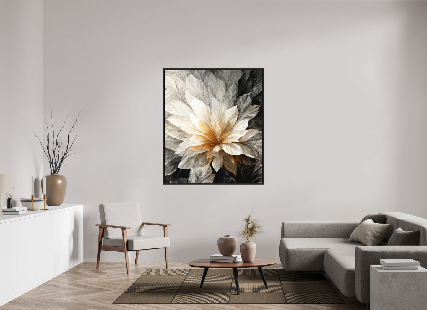 47 x 54.3″, Photo Print on Aluminum Backing with boarder White & Gold Flower 1