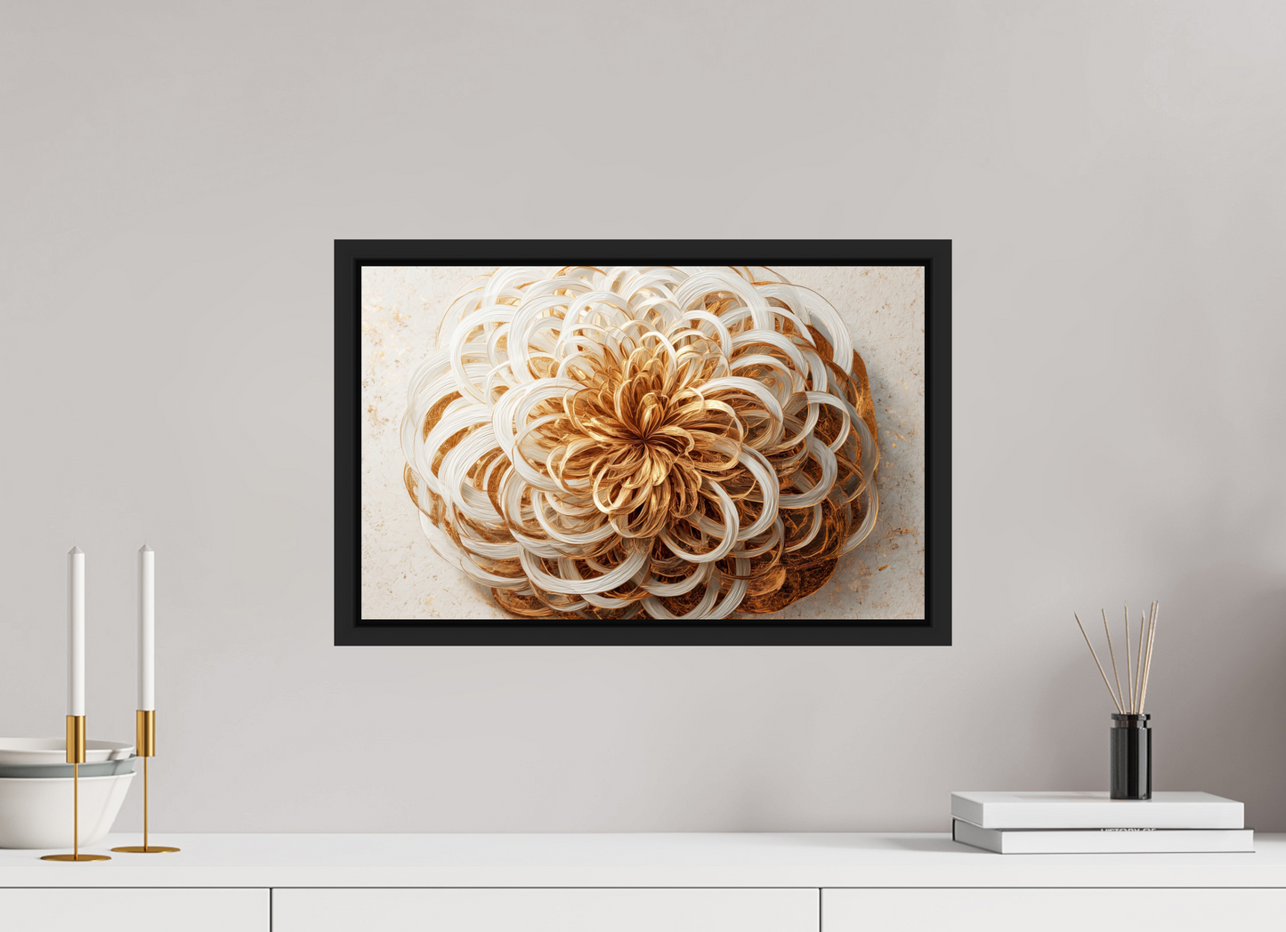 19.1 x 12″, Fine Art Print on Aluminum Dibond with Boarder Abstract Gold Flower