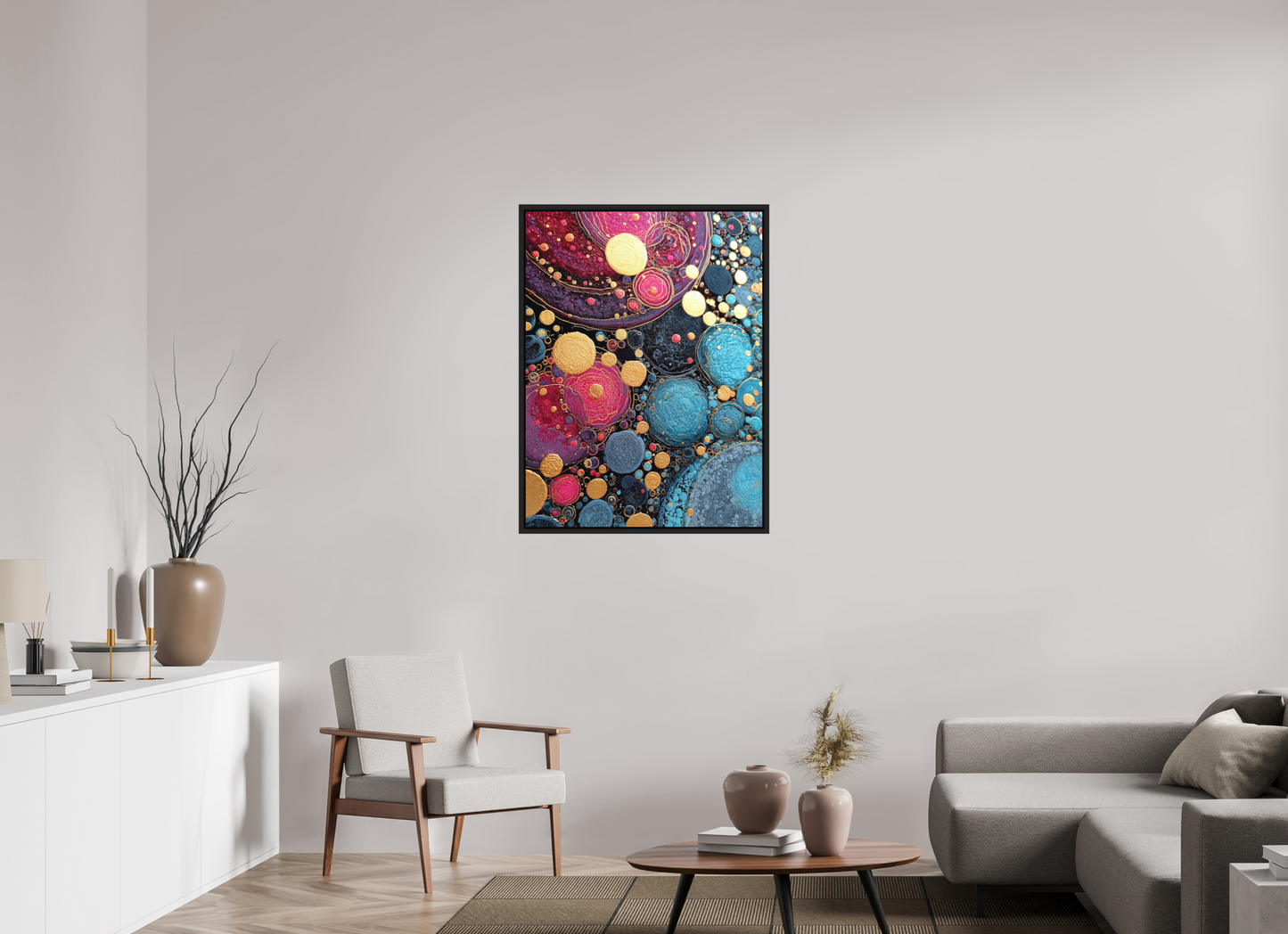 30 x 40″, Photo Print on Aluminum Backing with boarder Abstract Circles
